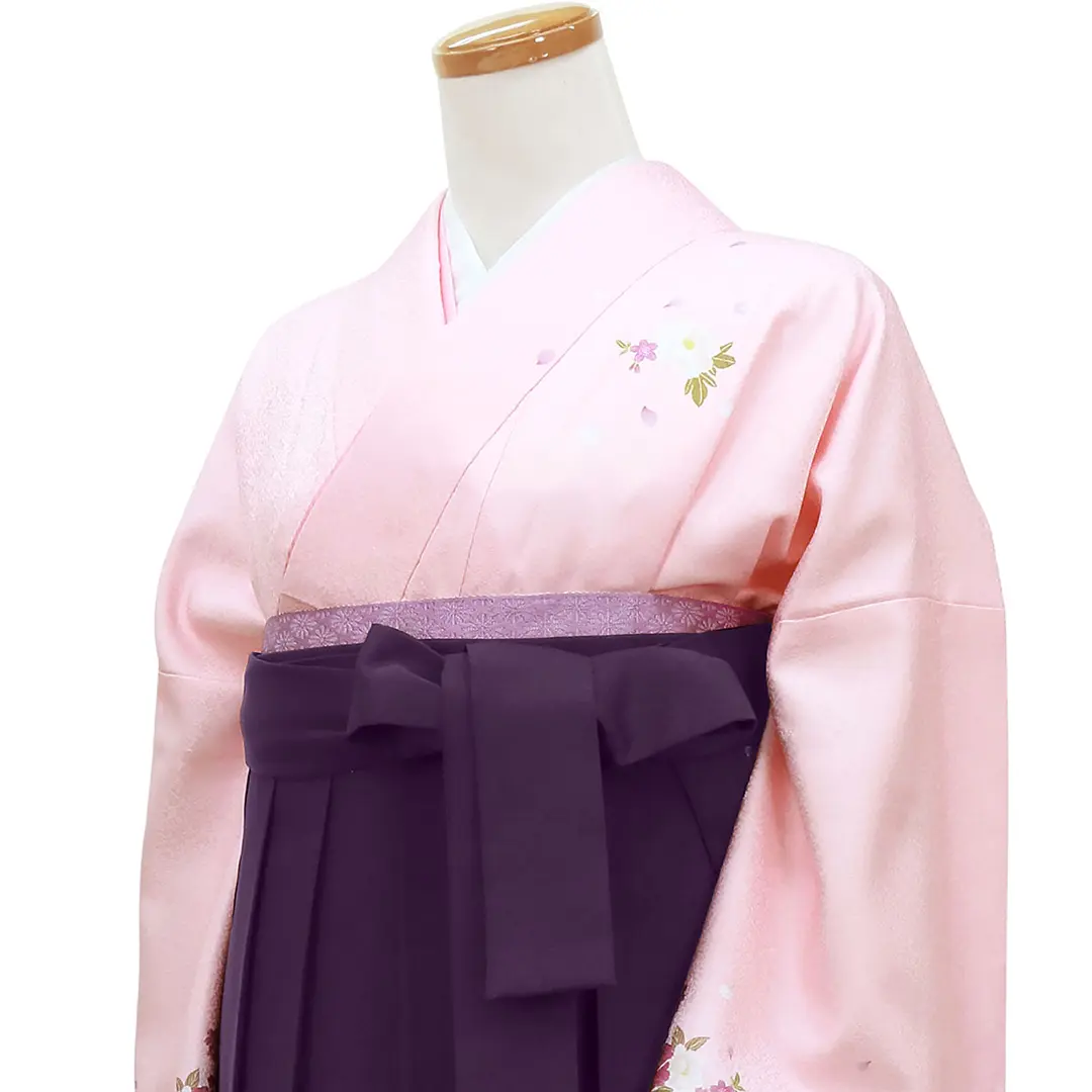 【先生におすすめ】ピンク地に牡丹・紫袴（無地） （小袖）ワイドサイズ／卒業式／斜め詳細