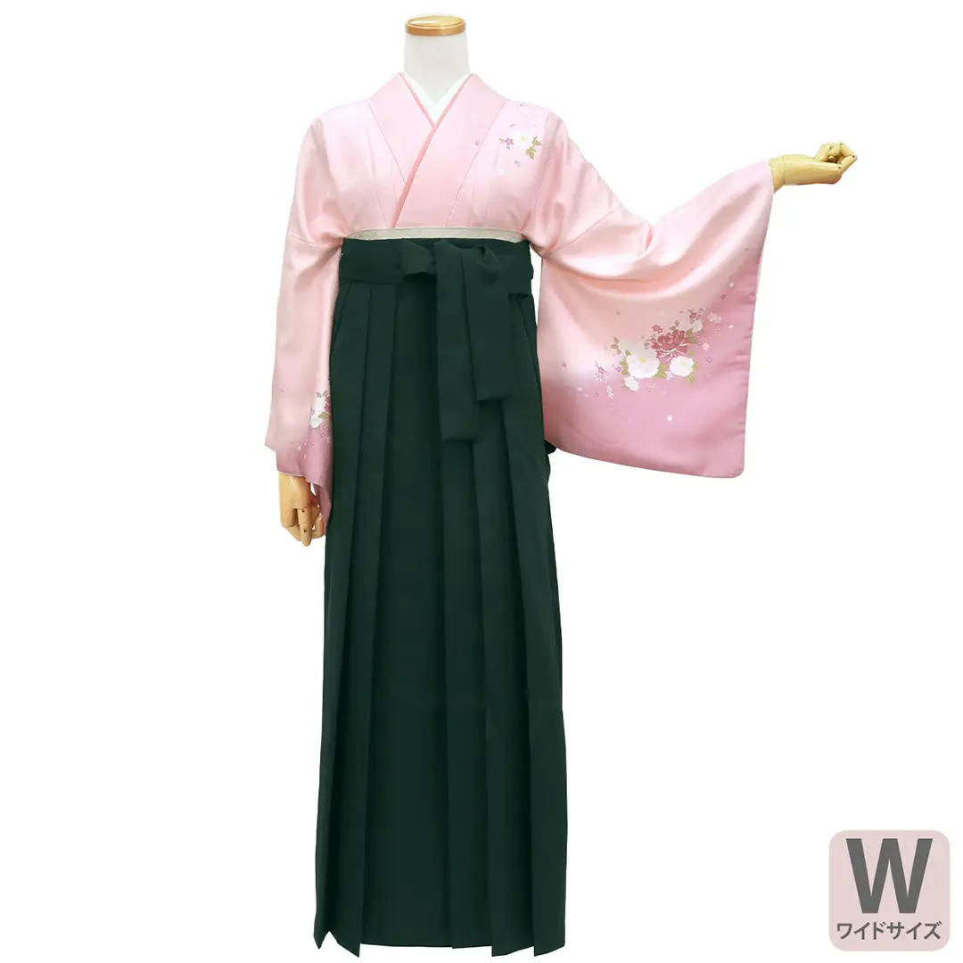 ピンク地に牡丹・深緑袴（無地） （小袖）ワイドサイズ／卒業式 | 宅配