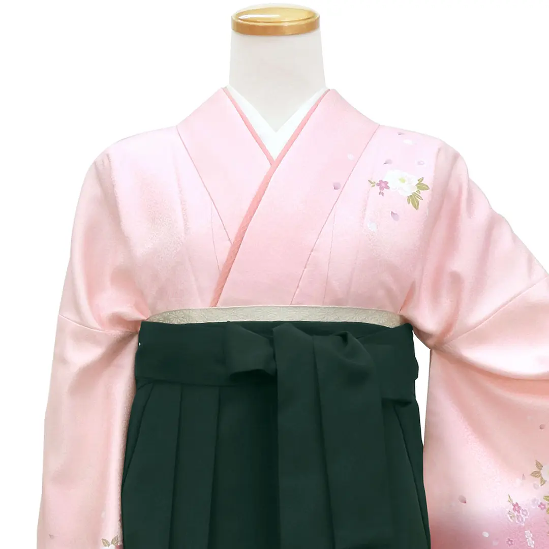 ピンク地に牡丹・深緑袴（無地） （小袖）ワイドサイズ／卒業式 | 宅配