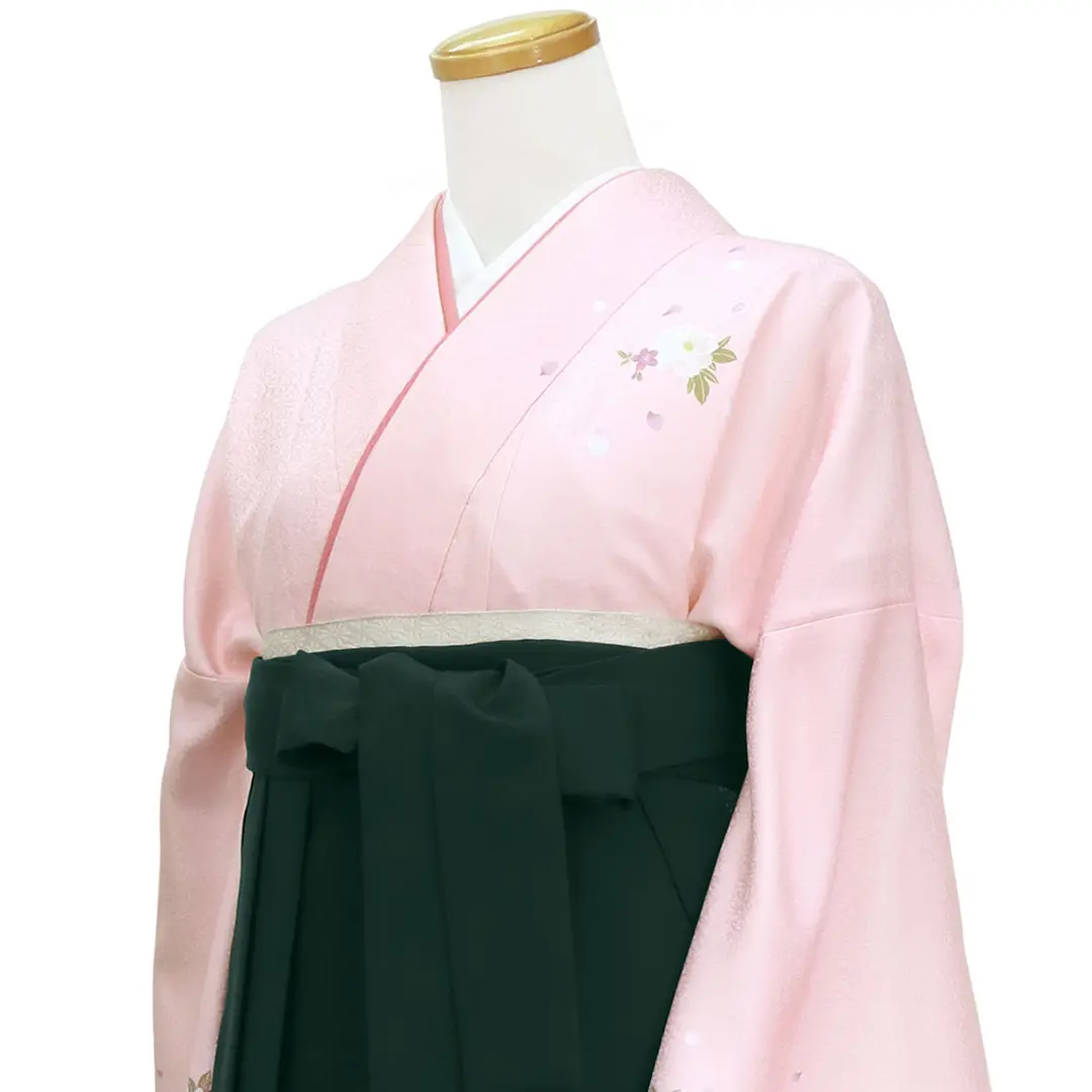 ピンク地に牡丹・深緑袴（無地） （小袖）ワイドサイズ／卒業式 | 宅配