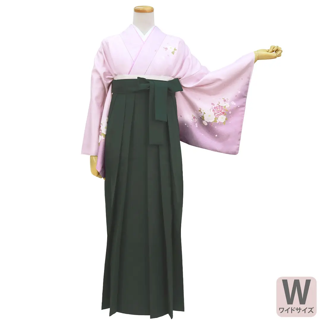 【先生におすすめ】藤色地に牡丹・深緑袴（無地） （小袖）ワイドサイズ／卒業式／正面