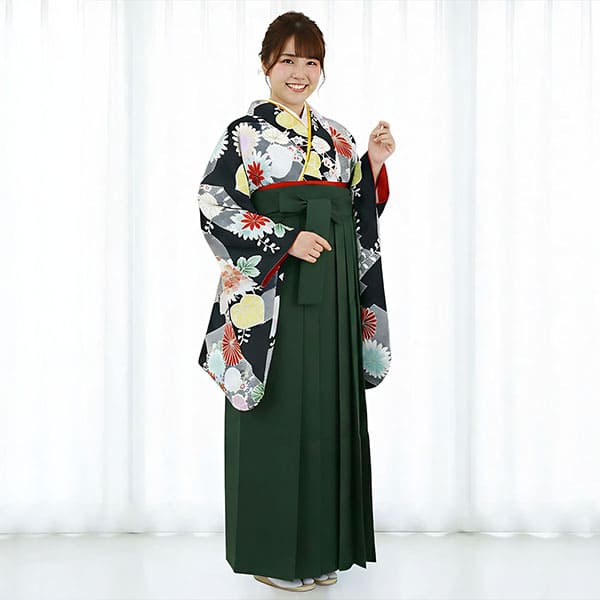 黒地に菊と葵・深緑袴（無地） （二尺袖）ワイドサイズ／卒業式 | 宅配