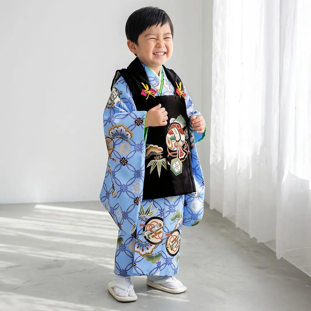 青地に七宝と巻物、小槌の被布コートセット／七五三・三歳男の子・被布コートセット