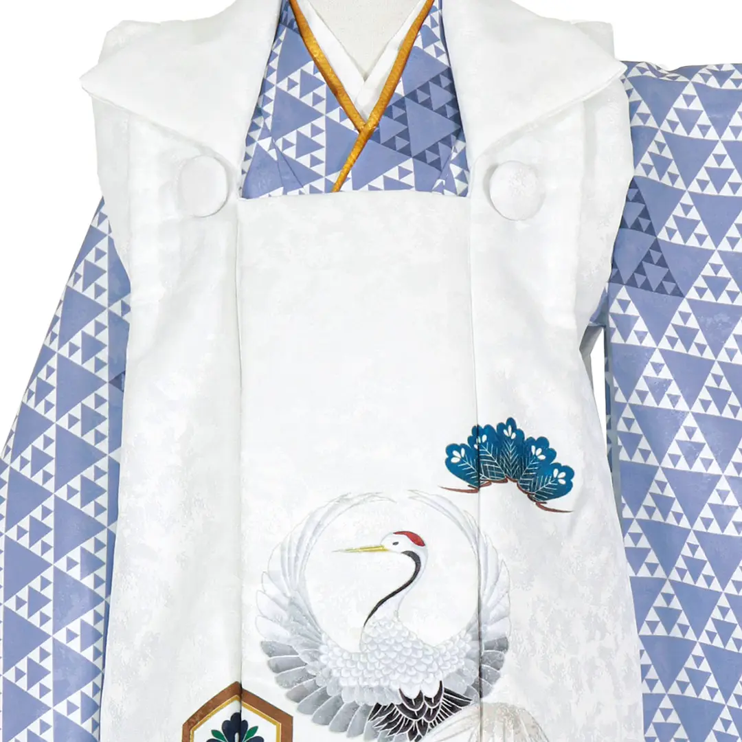 青地に鱗紋、白地に鶴の被布コートセット／バストアップ詳細