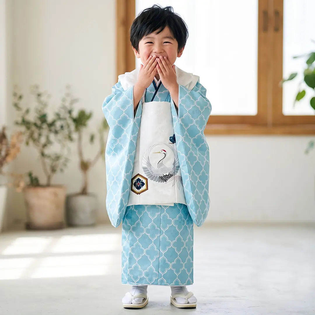 七五三 男の子 3歳 着物＆被布コート セット 格子柄ミント　ハンドメイド 水色地にモロッカン柄、白地に鶴の被布コートセット／七五三・三歳