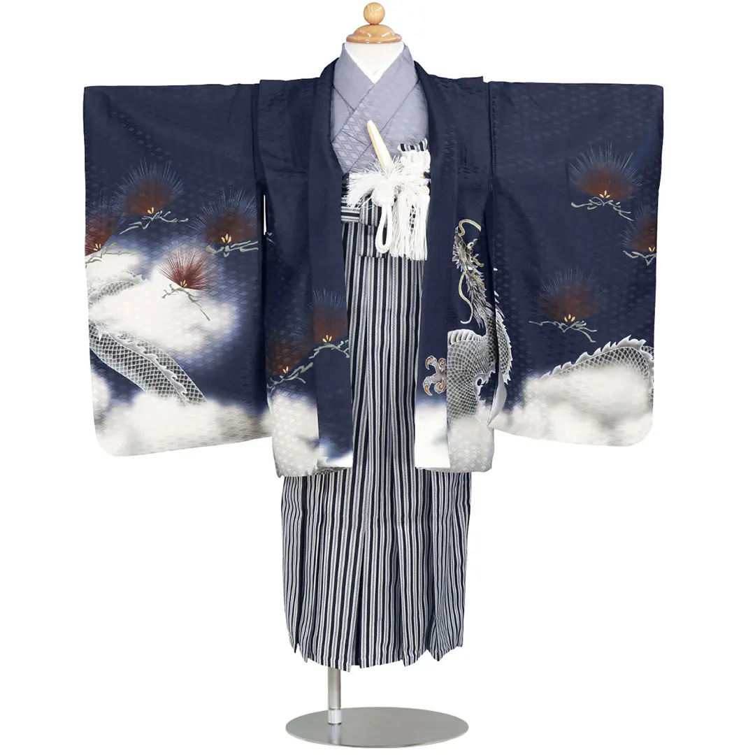 紺地に鷹と雲龍、黒縞の袴／七五三・三歳男の子・袴 袖