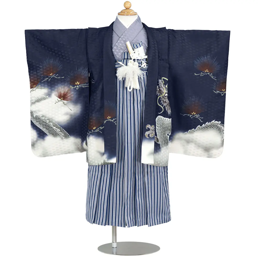 紺地に鷹と雲龍、紺縞の袴／七五三・三歳男の子・袴 袖