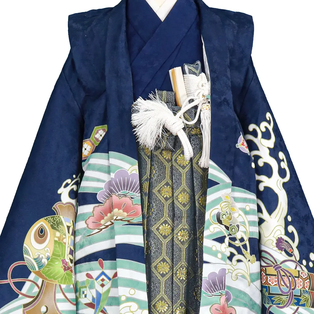 紺地に鷹と宝船、藍鼠の袴／七五三・三歳男の子・袴 正面詳細