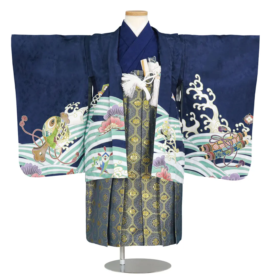 紺地に鷹と宝船、藍鼠の袴／七五三・三歳男の子・袴 袖