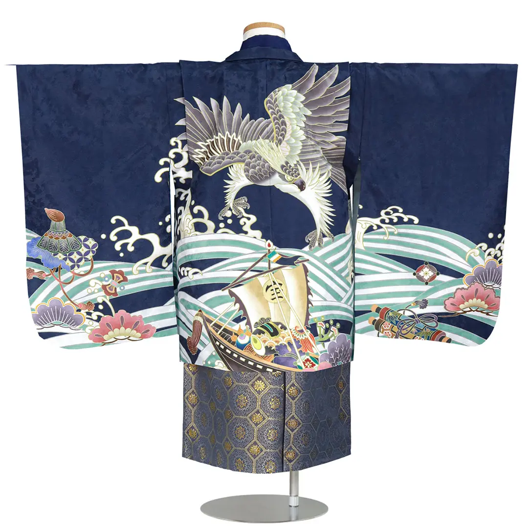 紺地に鷹と宝船、藍鼠の袴／七五三・三歳男の子・袴 背中