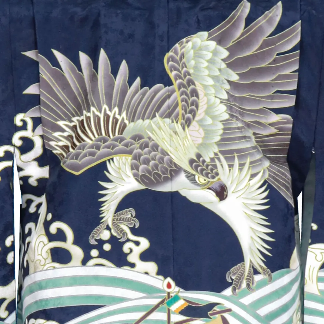 紺地に鷹と宝船、藍鼠の袴／七五三・三歳男の子・袴 柄詳細