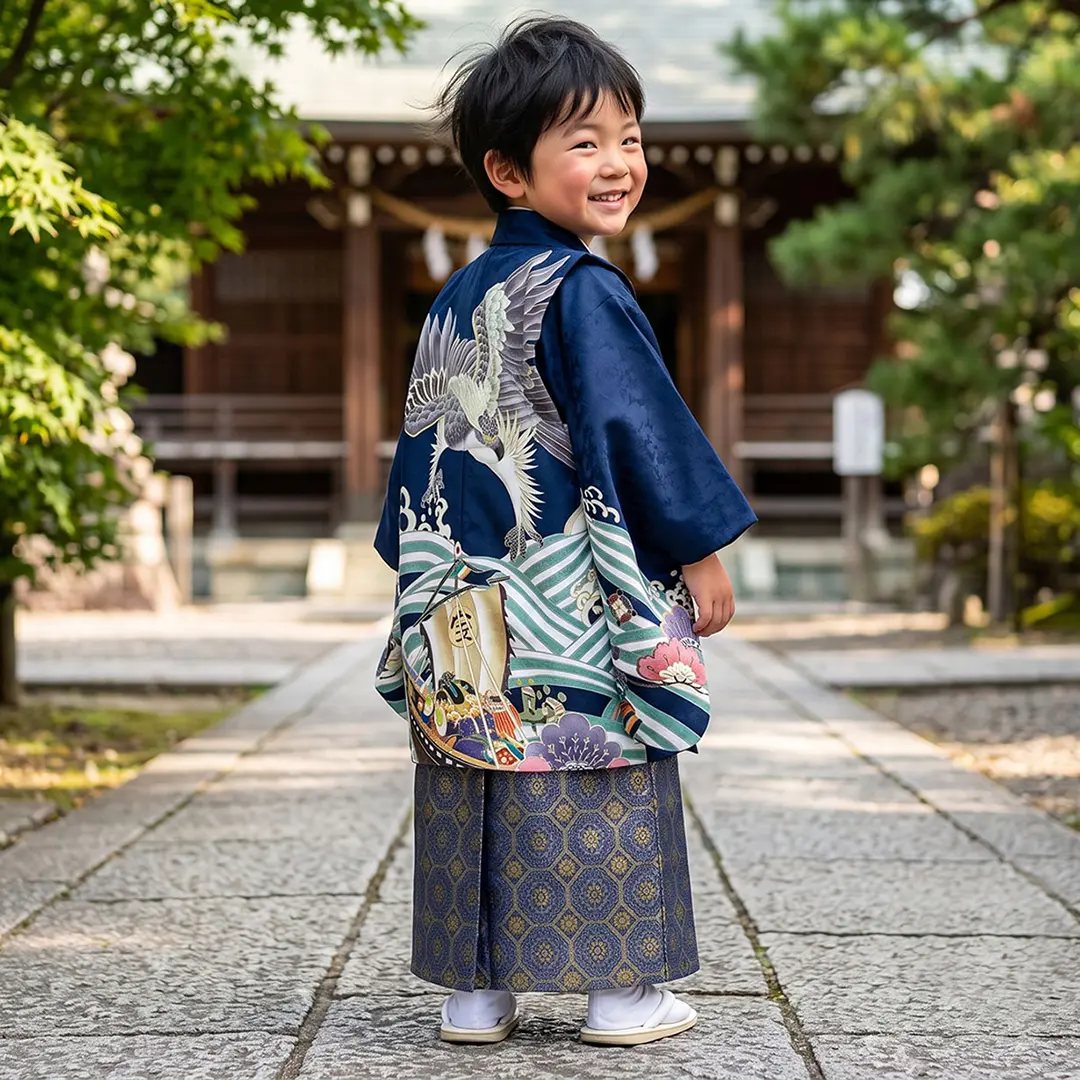 紺地に鷹と宝船、藍鼠の袴／七五三・三歳男の子・袴／着用イメージ