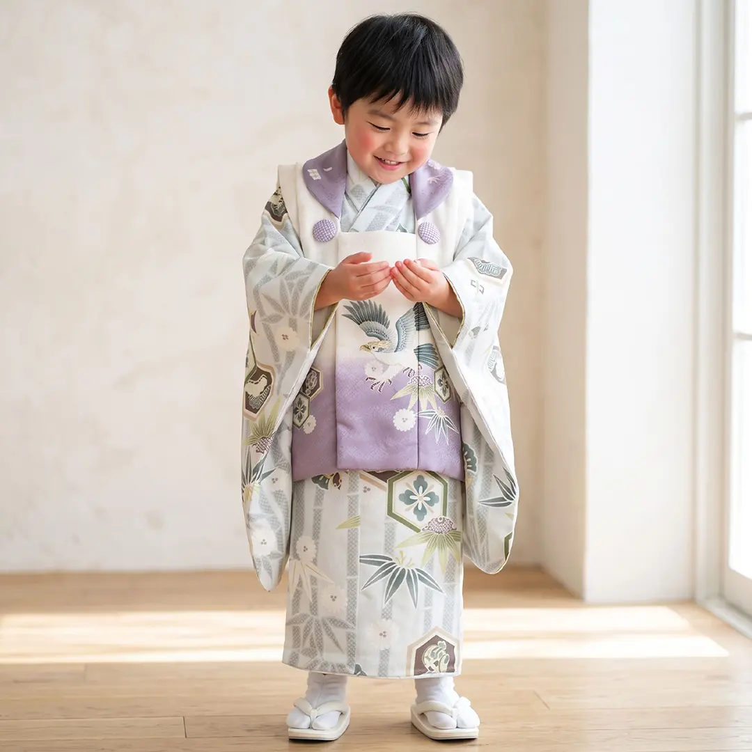 グレー地に竹と福良雀、鷹の被布コートセット／七五三・三歳男の子・被布コートセット／着用イメージ