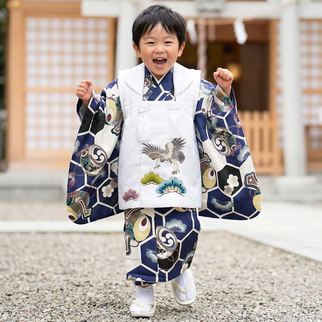 青地に亀甲紋と太鼓と鼓、鷹の被布コートセット／七五三・三歳男の子・被布コートセット