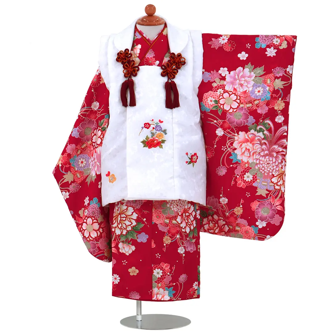 赤地に牡丹と桜の被布コートセット／七五三・三歳女の子／正面