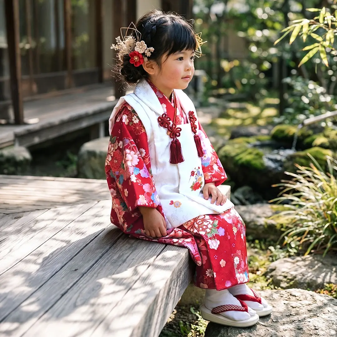 赤地に牡丹と桜の被布コートセット／七五三・三歳女の子／着用イメージ