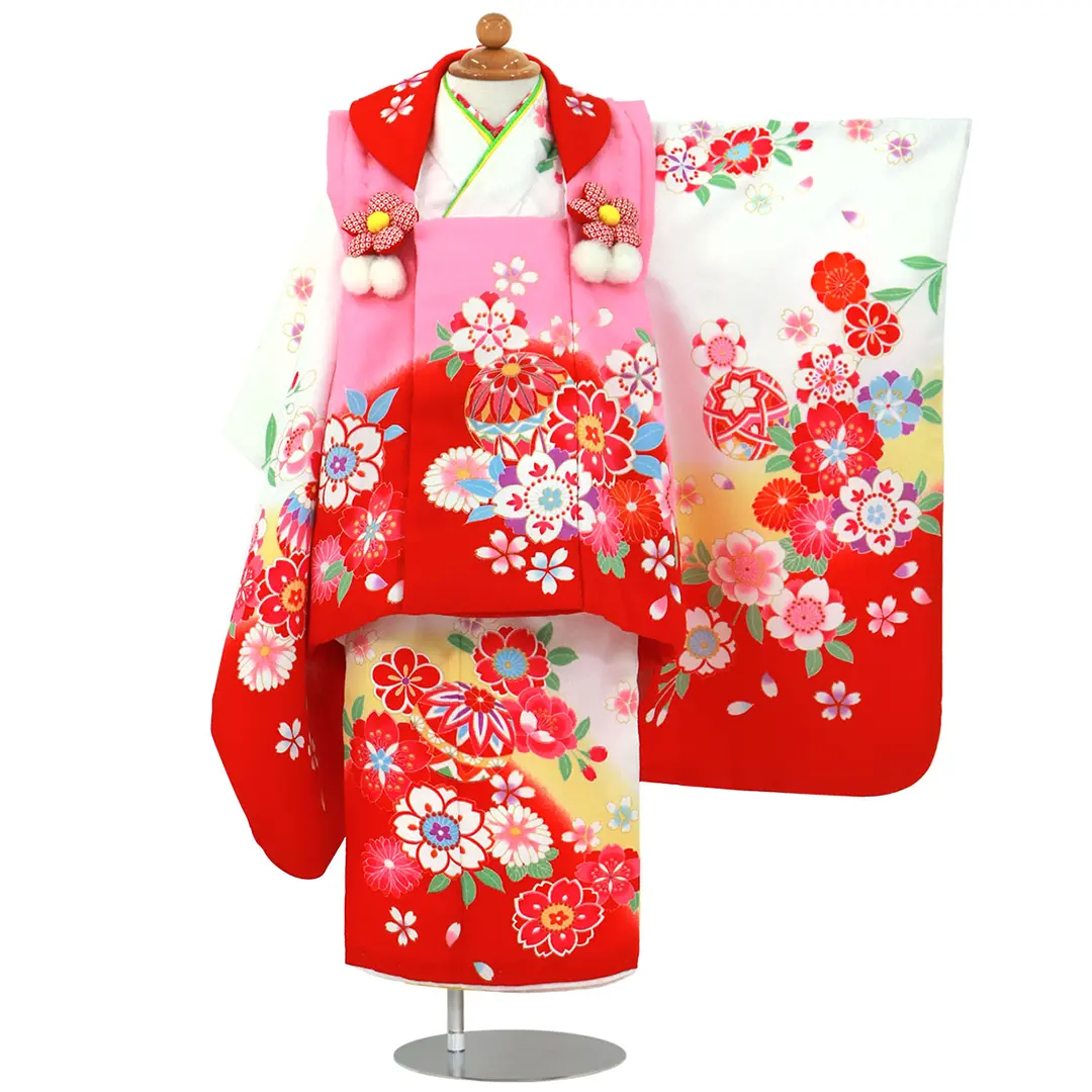 白色に桜と鞠の被布コートセット／七五三・三歳女の子／正面