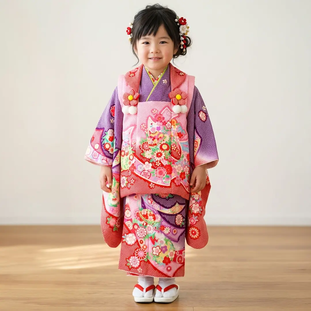 紫色に短冊と疋田の被布コートセット／七五三・三歳女の子 | 宅配着物