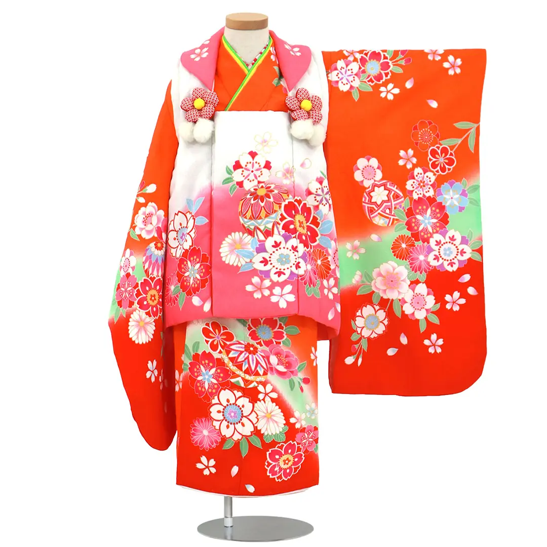 橙色に桜と鞠の被布コートセット／七五三・三歳女の子／正面