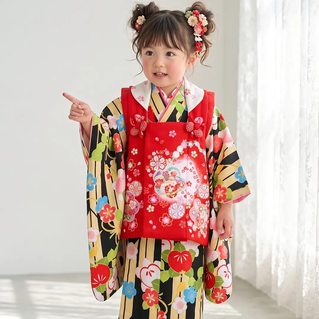 黒地に矢絣の地に橘、赤の桜の被布コートセット／七五三・三歳女の子／着用イメージ