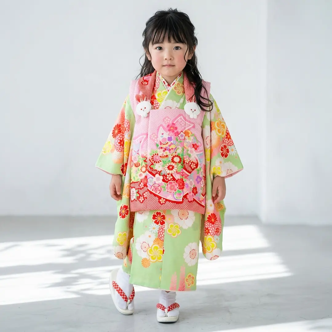 黄緑地に四季花、熨斗と鞠の被布コートセット／七五三・三歳女の子／着用イメージ