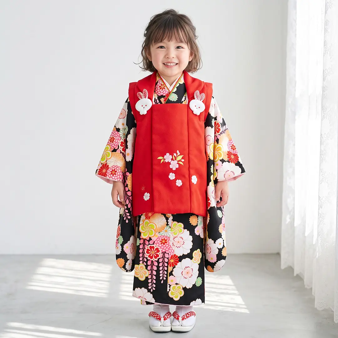 黒地に花尽くし、赤の被布コートセット／七五三・三歳女の子／着用イメージ