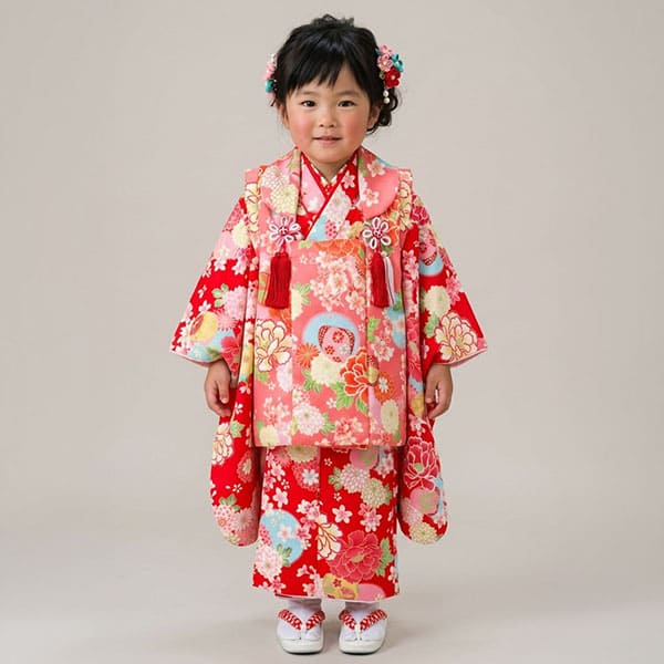 赤地に花尽くしと貝合わせの着物の被布コートセット／七五三・三歳女の子