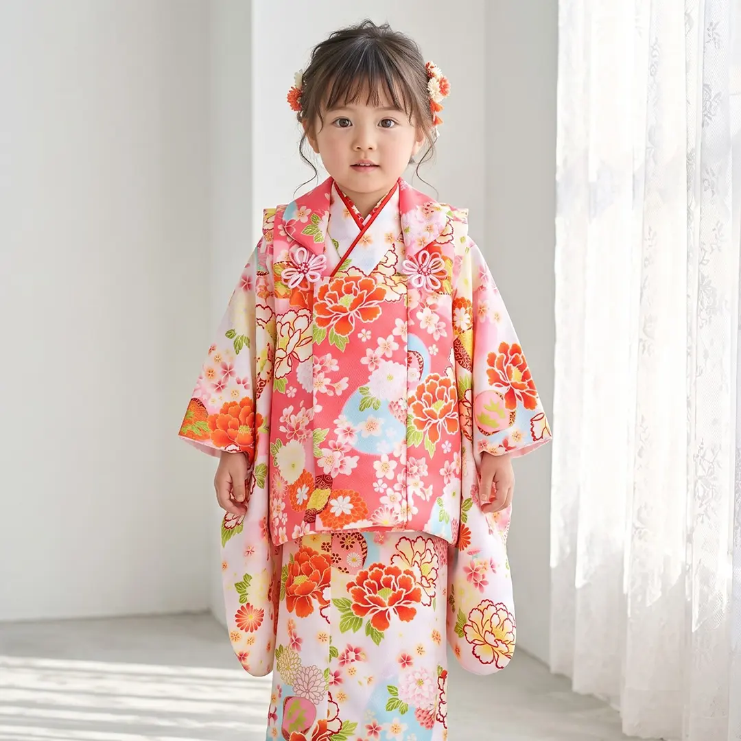 白地に花尽くしと貝合わせの着物の被布コートセット／七五三・三歳女の子／着用イメージ