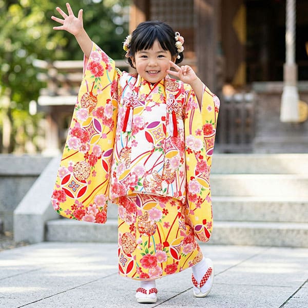 七五三 3才 被布セット 桜に七宝 イエロー地に桜と七宝の被布コートセット／七五三・三歳女の子 | 宅配