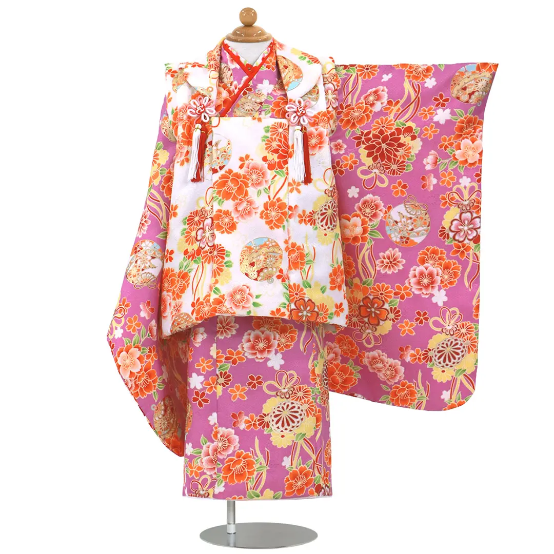 紫地に桜と鈴、白の被布コートセット／七五三・三歳女の子／正面