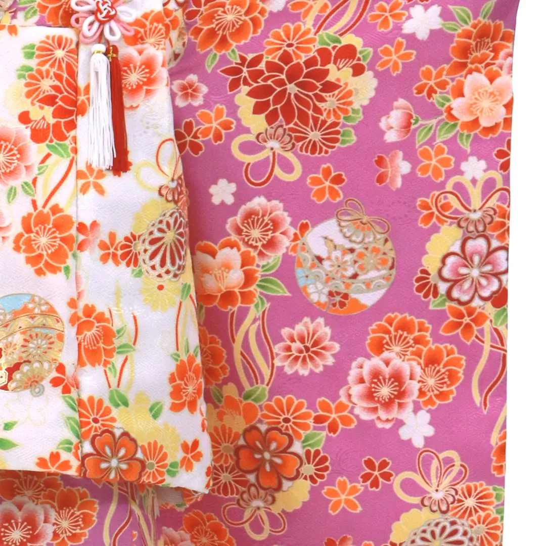 紫地に桜と鈴、白の被布コートセット／七五三・三歳女の子／袖