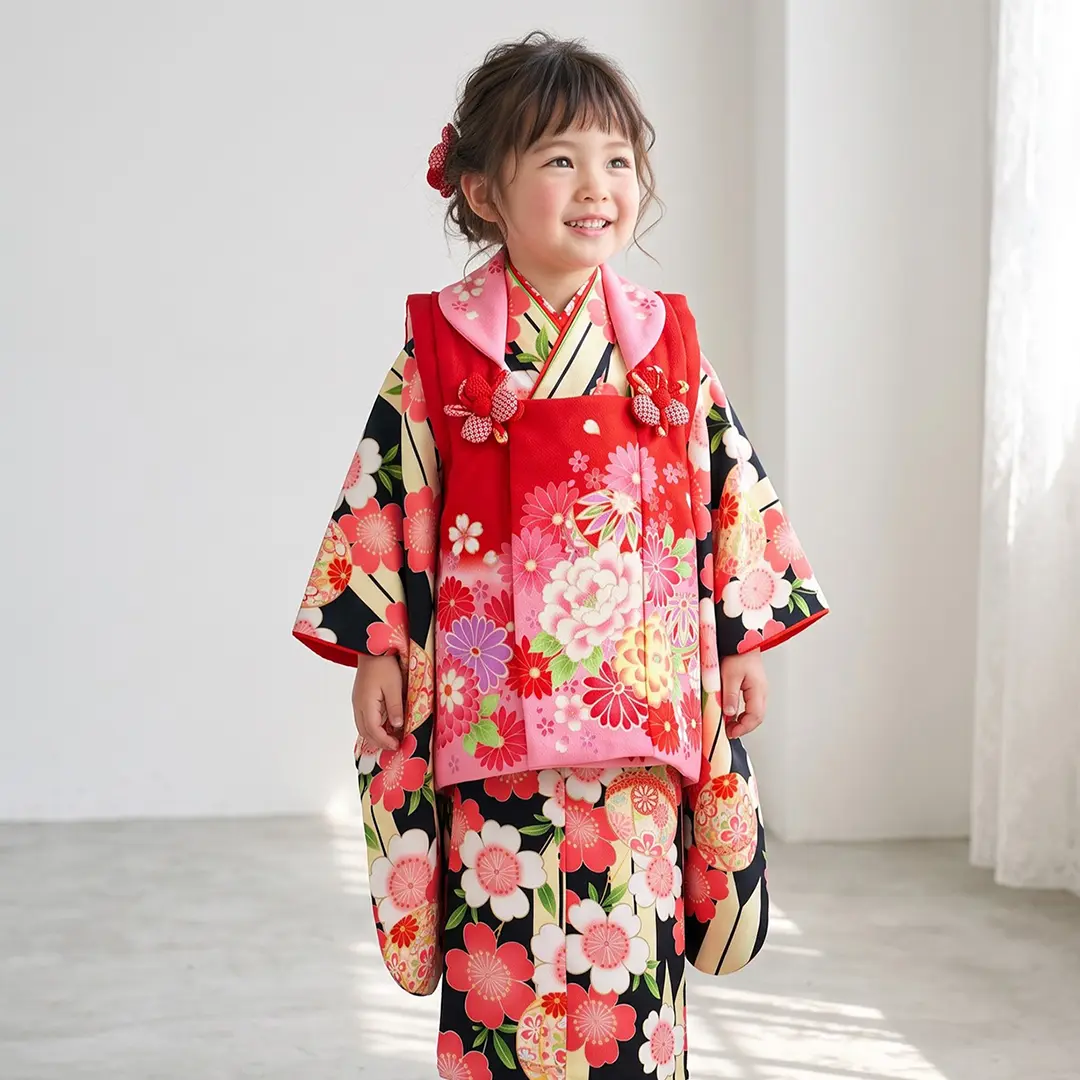 黒地に矢絣と桜の着物、赤地に牡丹と鞠の被布コートセット／七五三・三歳女の子／着用イメージ