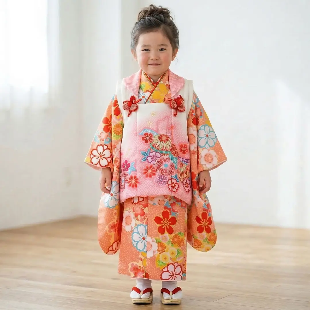 ピンクの鹿の子に桜尽くしの着物、白の被布コートセット／七五三・三歳