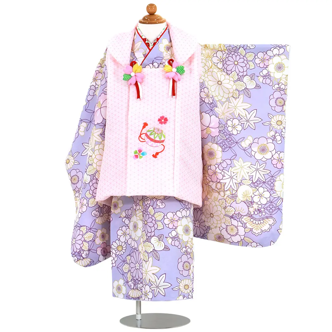 薄紫地に桜や菊、ピンクの麻の葉の被布コートセット／七五三・三歳