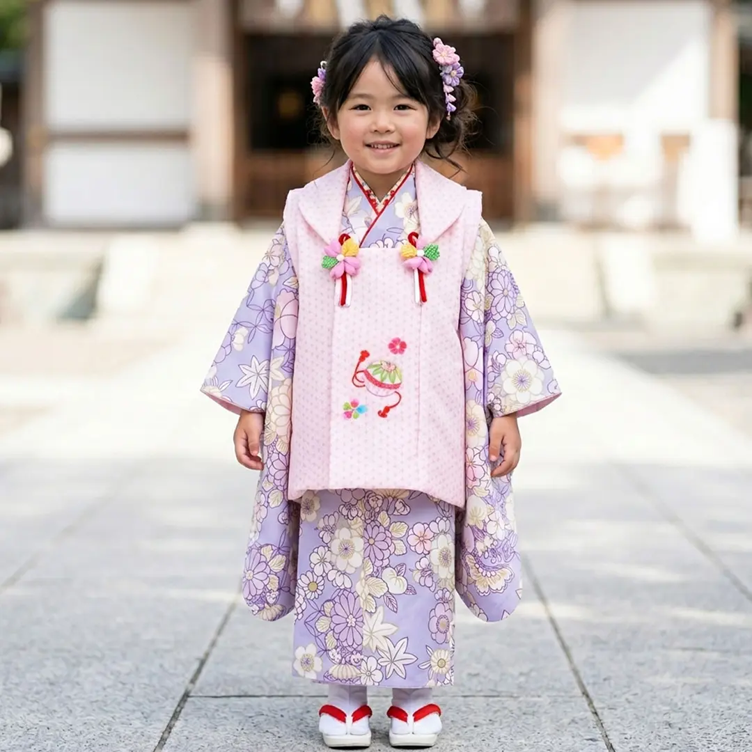 薄紫地に桜や菊、ピンクの麻の葉の被布コートセット／七五三・三歳