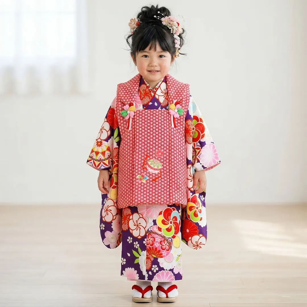 紫地にねじ梅と桜、鞠の着物、赤色の麻の葉模様の被布コートセット