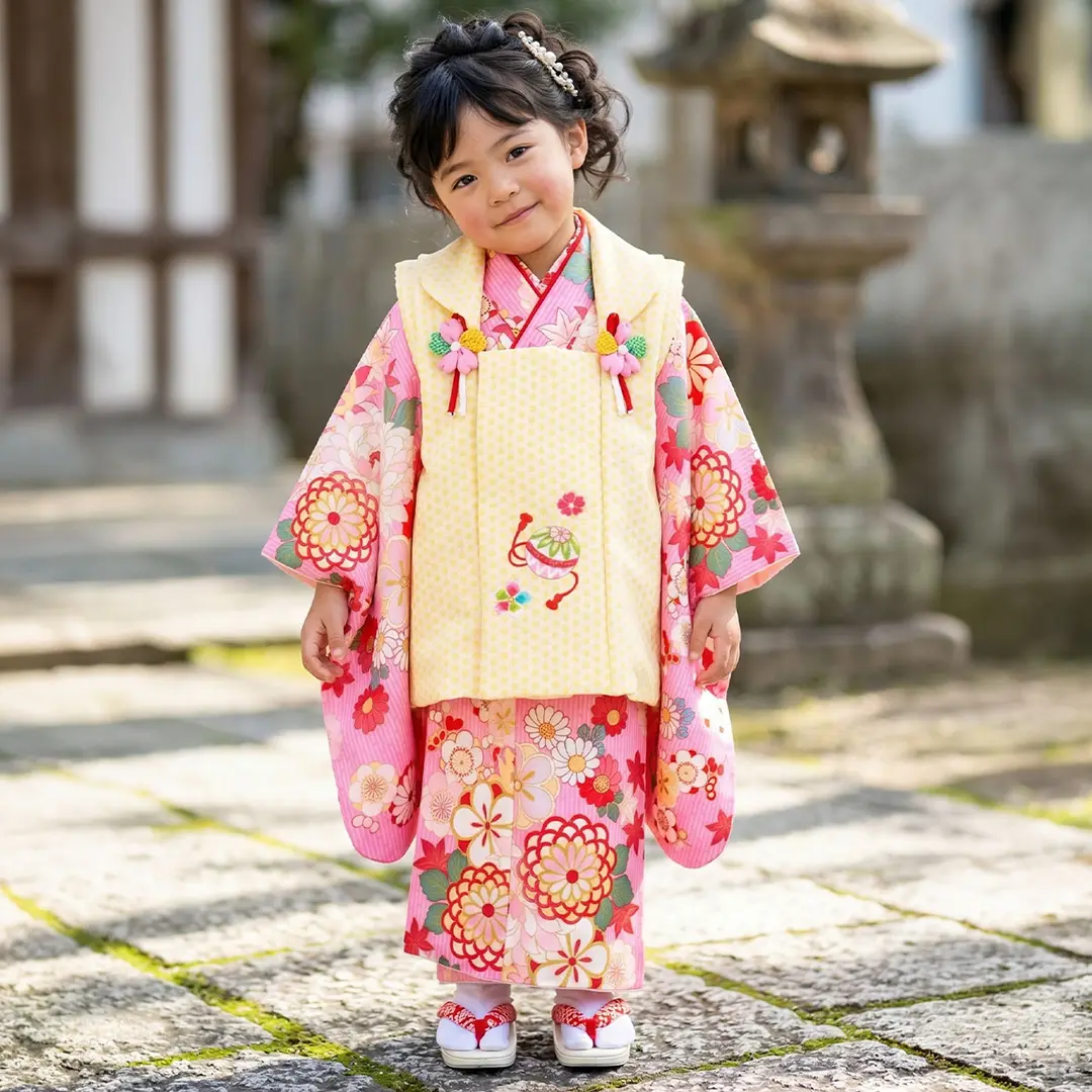 ピンクの縞模様に菊や梅の着物、黄色の麻の葉模様の被布コートセット／七五三・三歳女の子／着用イメージ