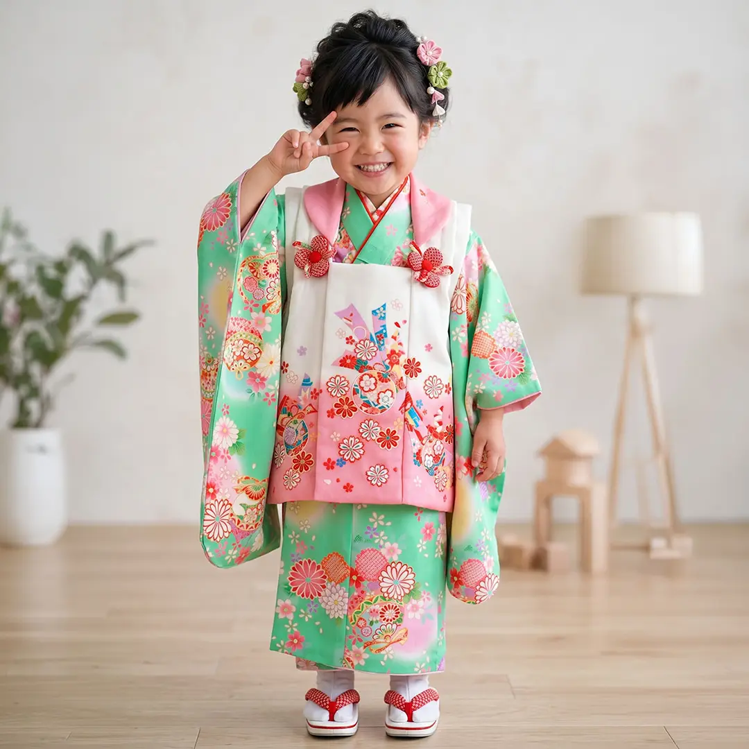 ミントグリーンに花柄と鈴と熨斗の被布コートセット／七五三・三歳女の子／着用イメージ
