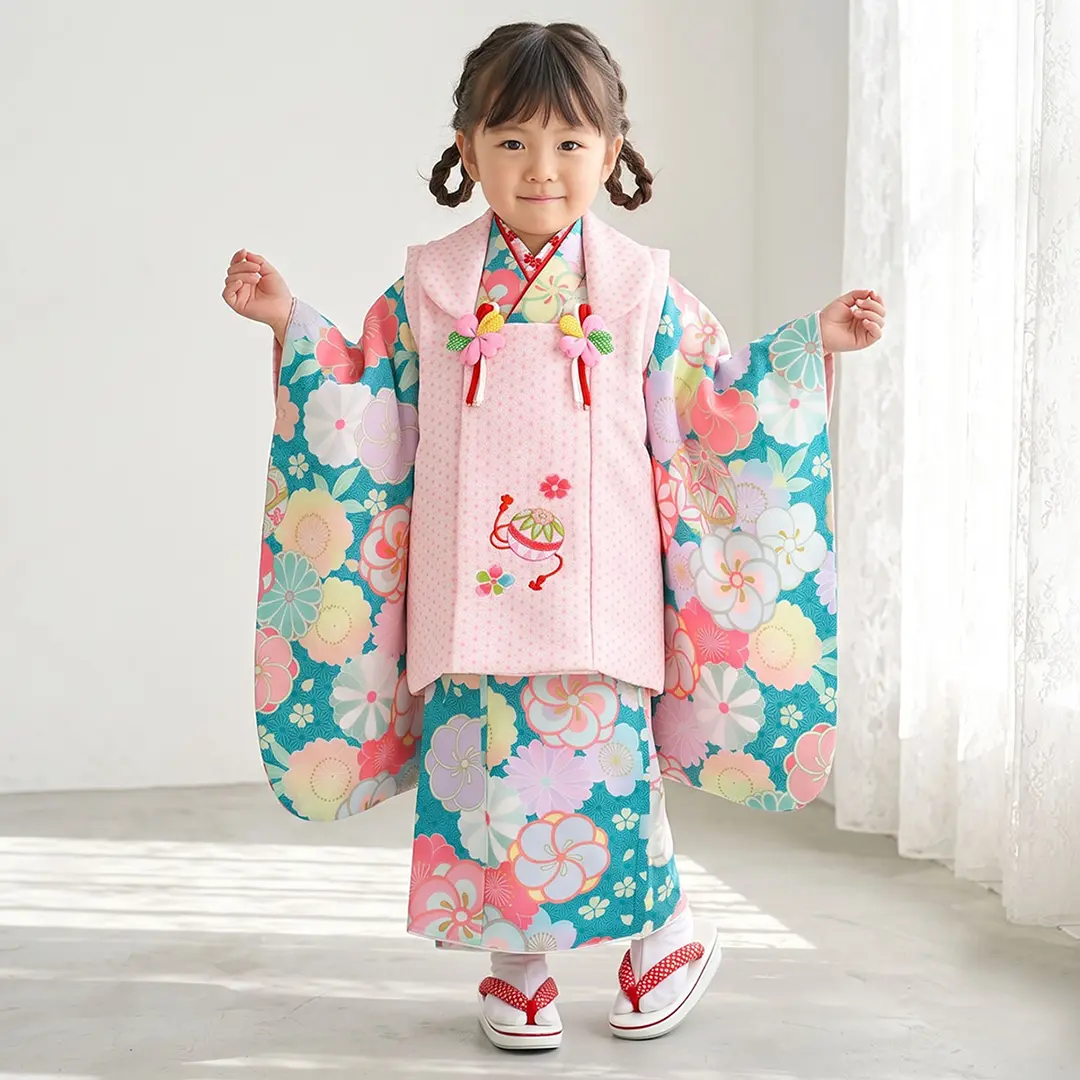 青地にねじ梅と桜に鞠、ピンクの麻の葉の被布コートセット／七五三・三歳女の子／着用イメージ