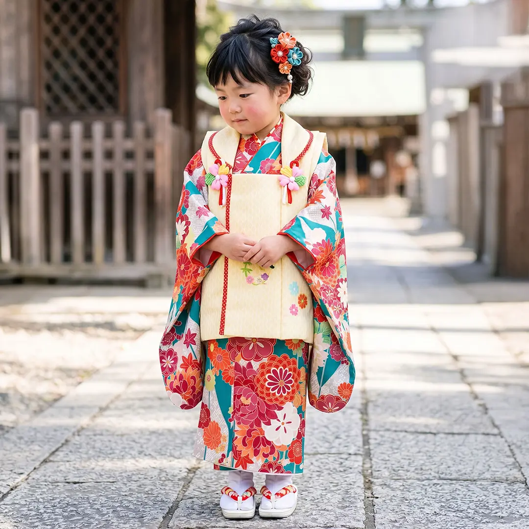 青緑の矢絣にダリア、黄色と赤の被布コートセット／七五三・三歳女の子／着用イメージ