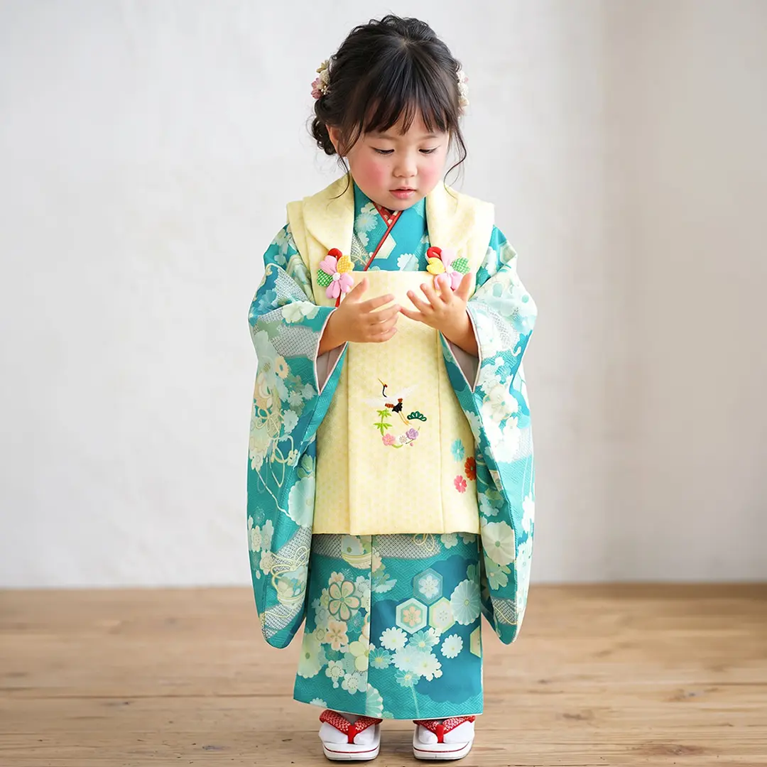 青磁色に疋田のエ霞、黄色の被布コートセット／七五三・三歳女の子／着用イメージ