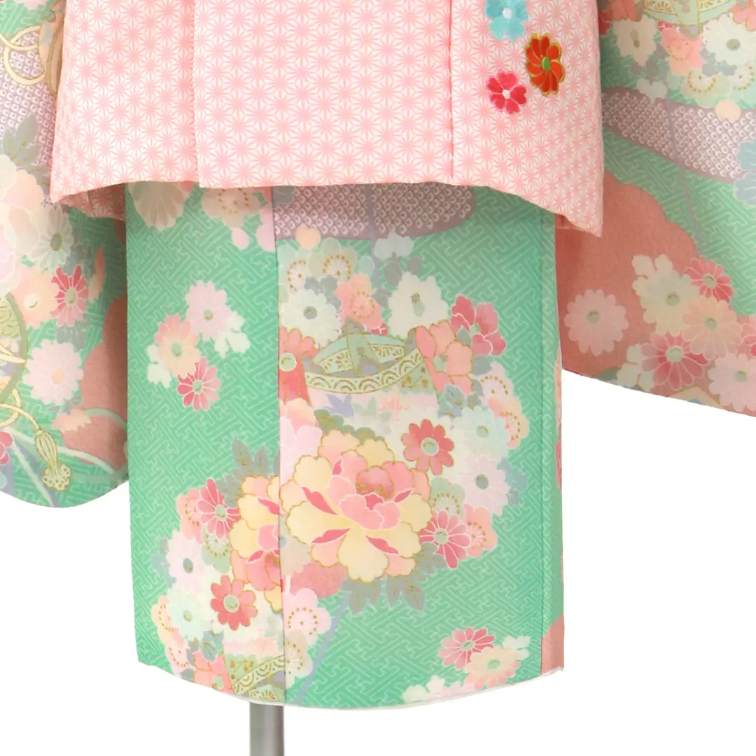 ミントグリーンに疋田のエ霞、ピンクの被布コートセット／七五三・三歳女の子／裾