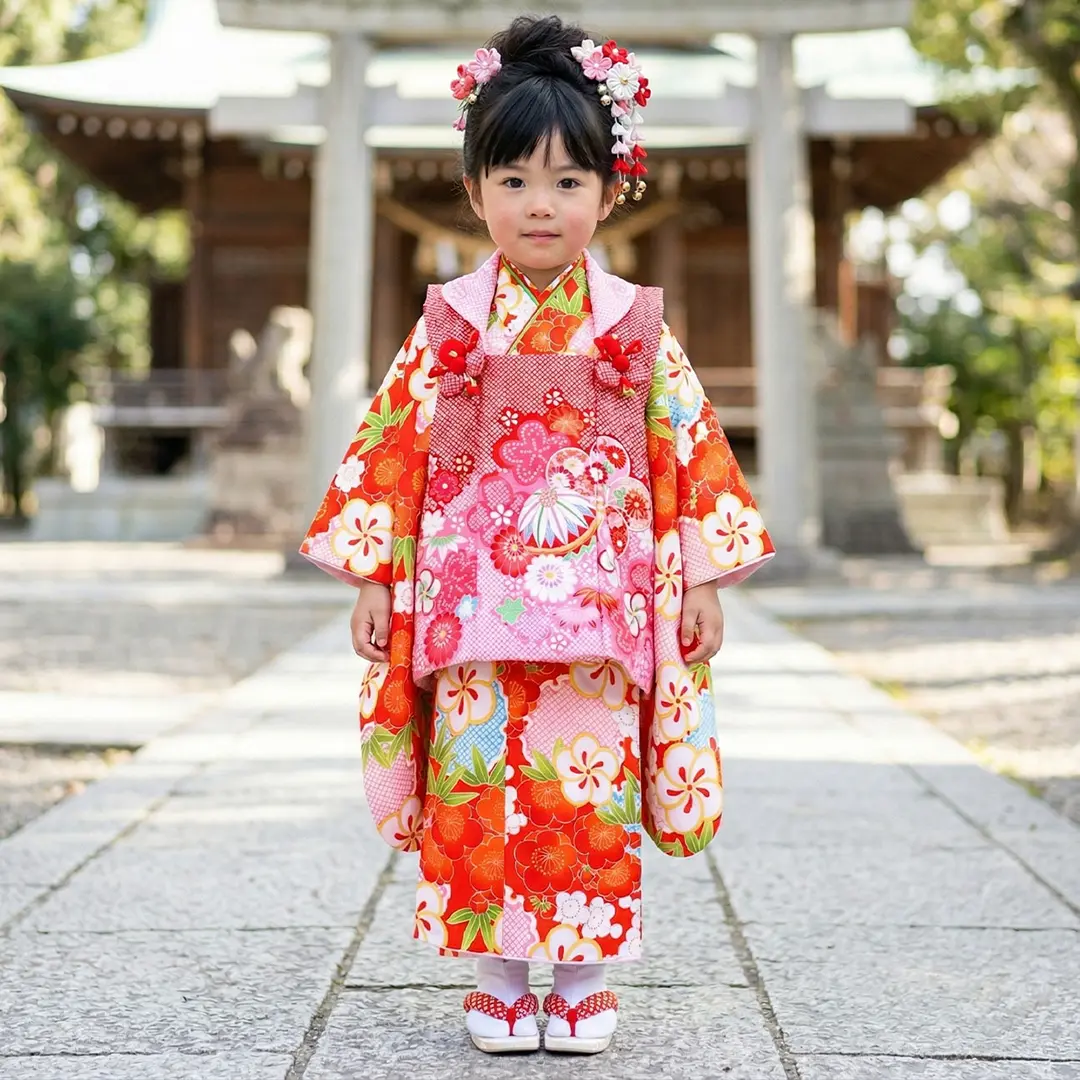 朱赤地に雪輪と梅の着物、赤とピンクの疋田の被布コートセット／七五三・三歳女の子／着用イメージ