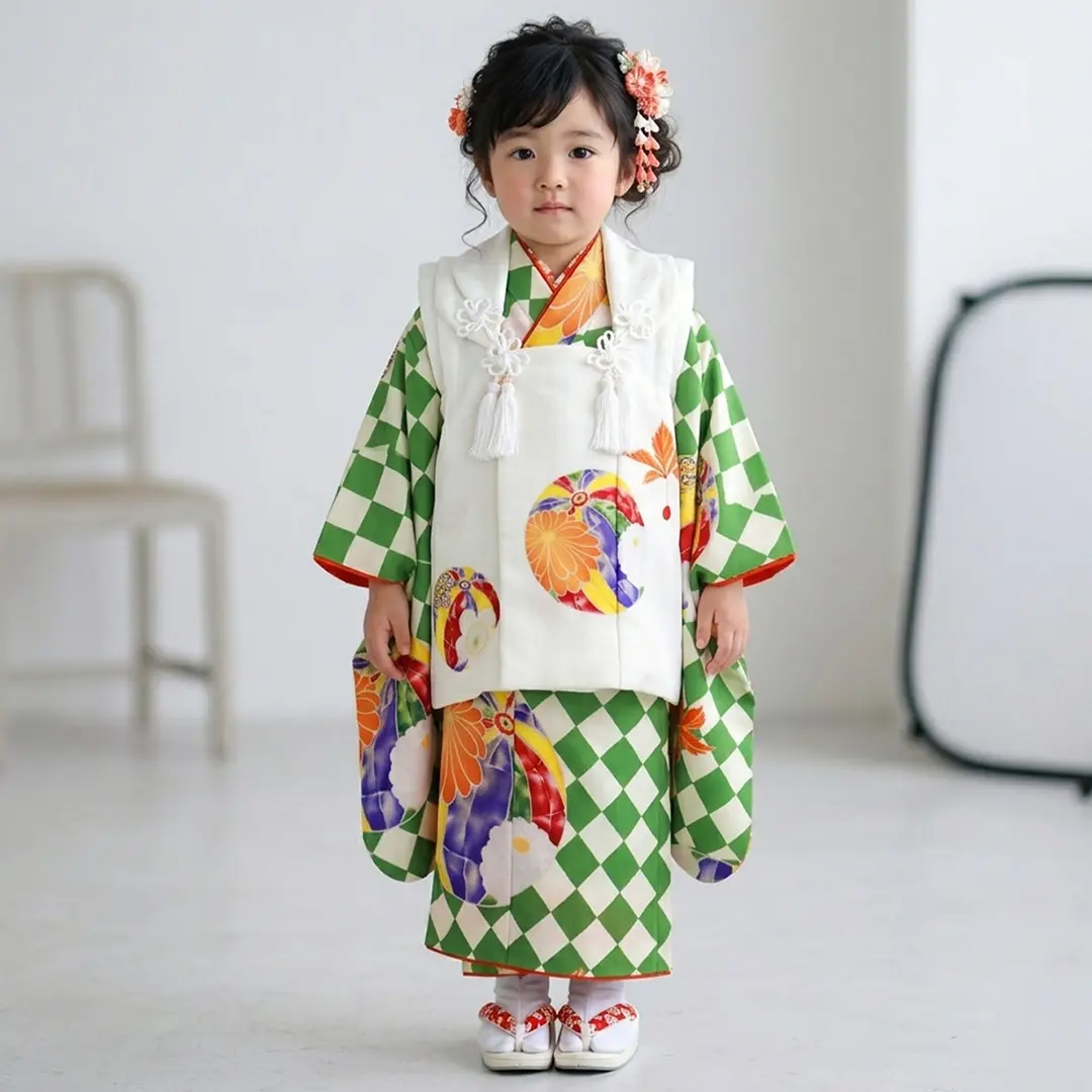 グリーンのダイヤに毬、白の被布コートセット／七五三・三歳女の子／着用イメージ