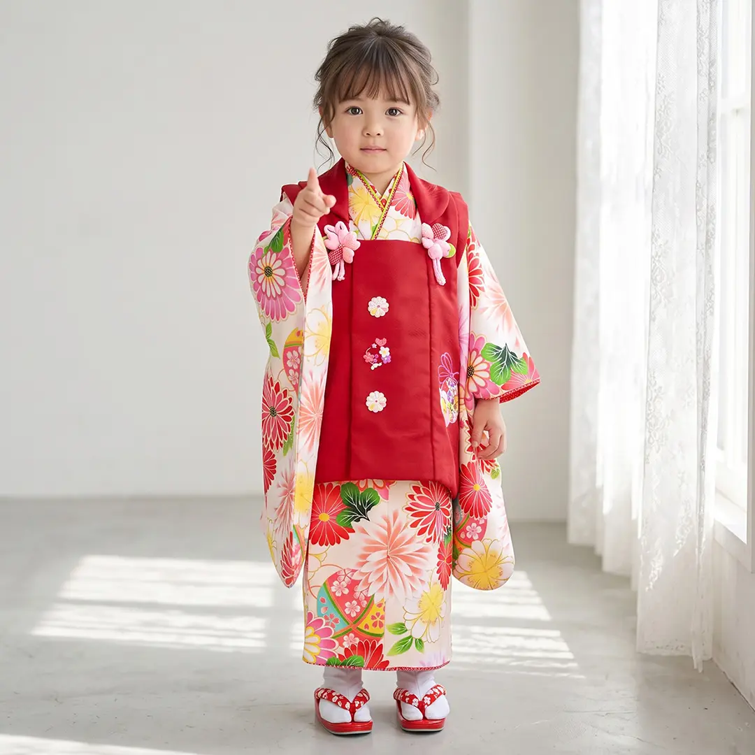 白地に和菊、赤の被布コートセット／七五三・三歳女の子／着用イメージ