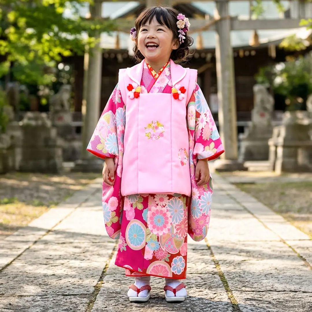 赤地に花紋と風車の着物、ピンクの被布コートセット／七五三・三歳女の子／着用イメージ