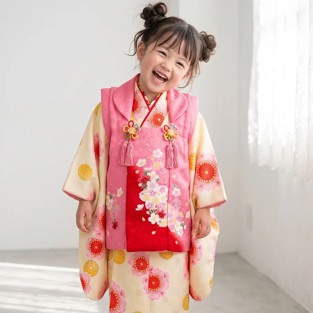 クリーム地にまりと桜、ピンクの被布コートセット／七五三・三歳女の子／着用イメージ