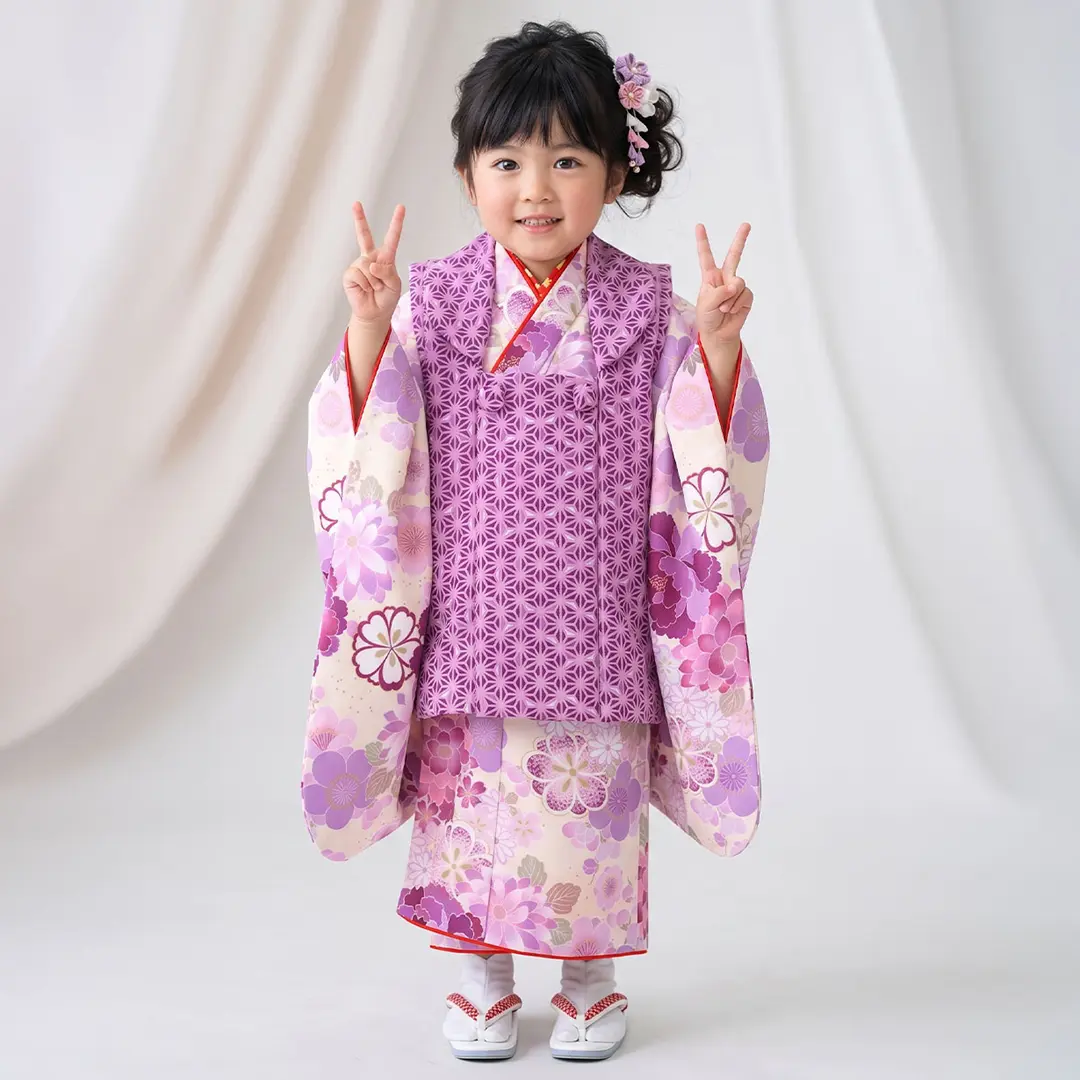 パープルの花尽くし、麻の葉の被布コートセット／七五三・三歳女の子