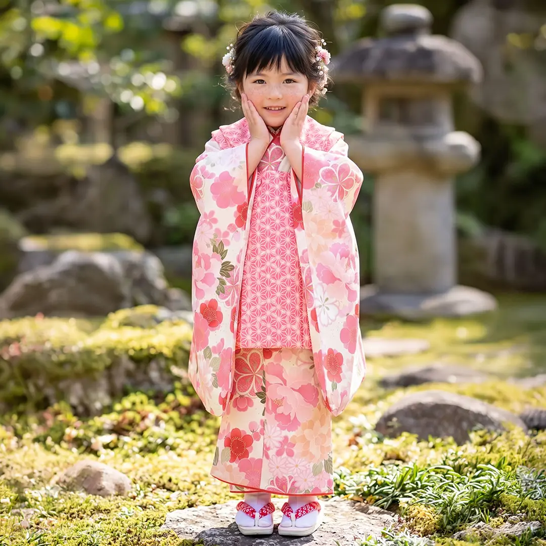 ピンクの花尽くし、麻の葉の被布コートセット／七五三・三歳女の子／着用イメージ
