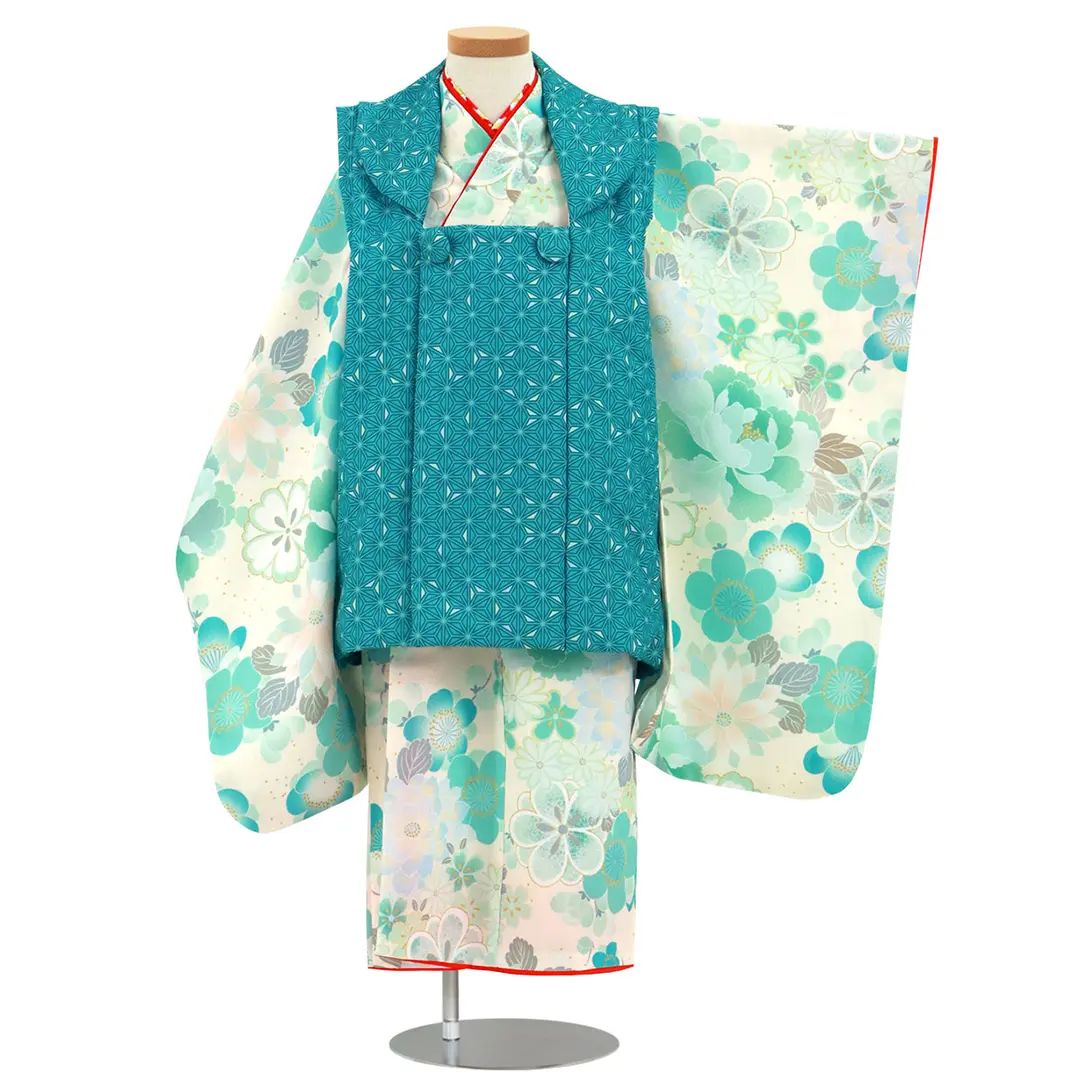 ブルーの花尽くし、麻の葉の被布コートセット／七五三・三歳女の子／正面